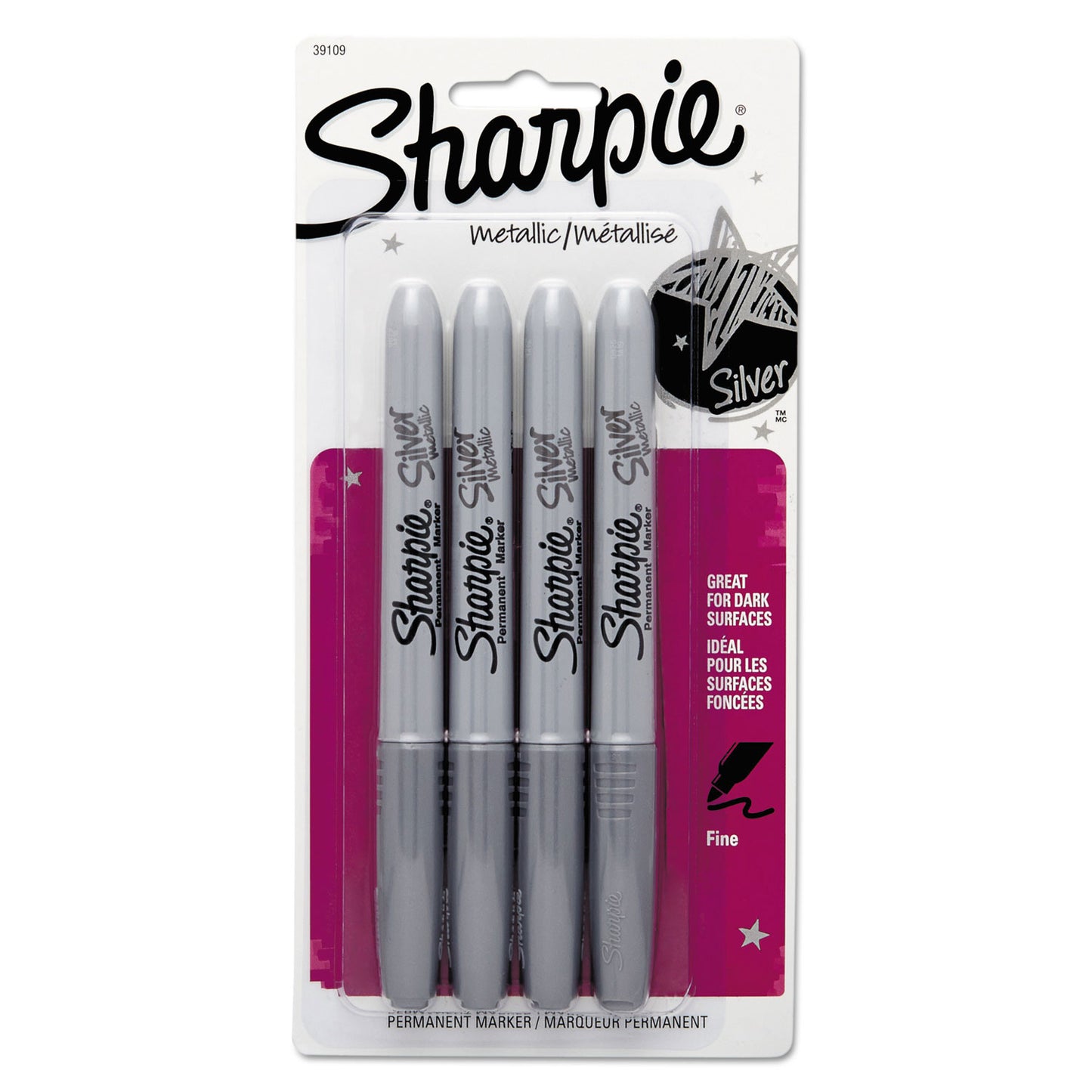 Sharpie Metallic Fine Point Permanent Markers, Fine Bullet Tip, Metallic Silver, 4/Pack (39109PP)