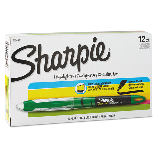 Sharpie Liquid Pen Style Highlighters, Fluorescent Green Ink, Chisel Tip, Green/Black/Clear Barrel, Dozen (1754468)