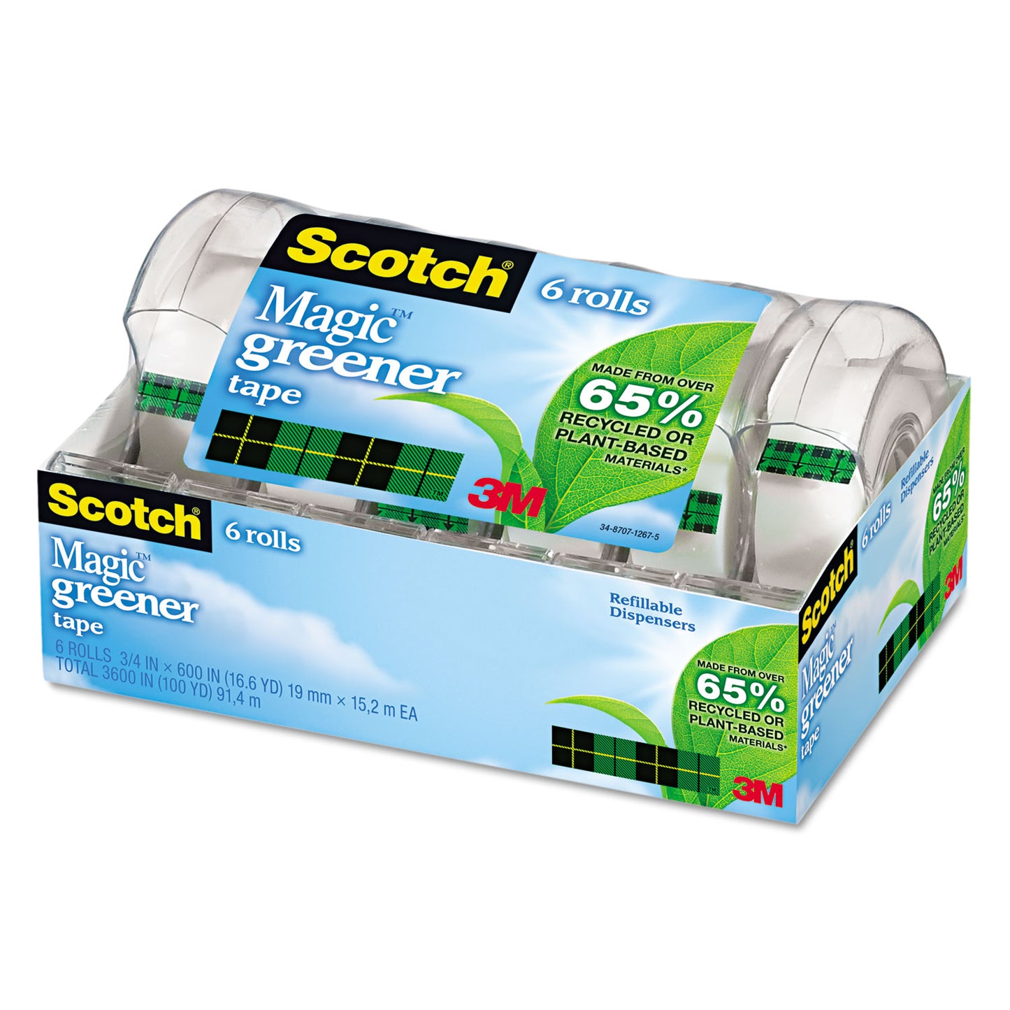 Scotch Magic Greener Tape with Dispenser, 1" Core, 0.75" x 50 ft, Clear, 6/Pack (6123)