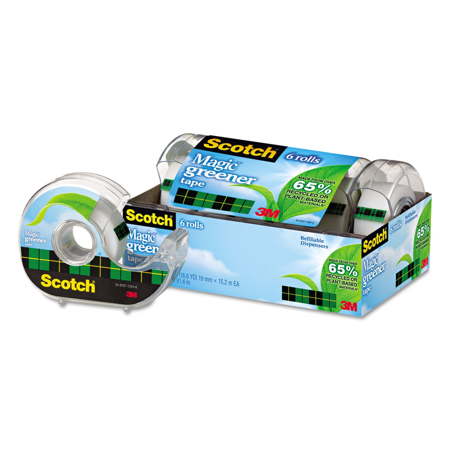 Scotch Magic Greener Tape with Dispenser, 1" Core, 0.75" x 50 ft, Clear, 6/Pack (6123)