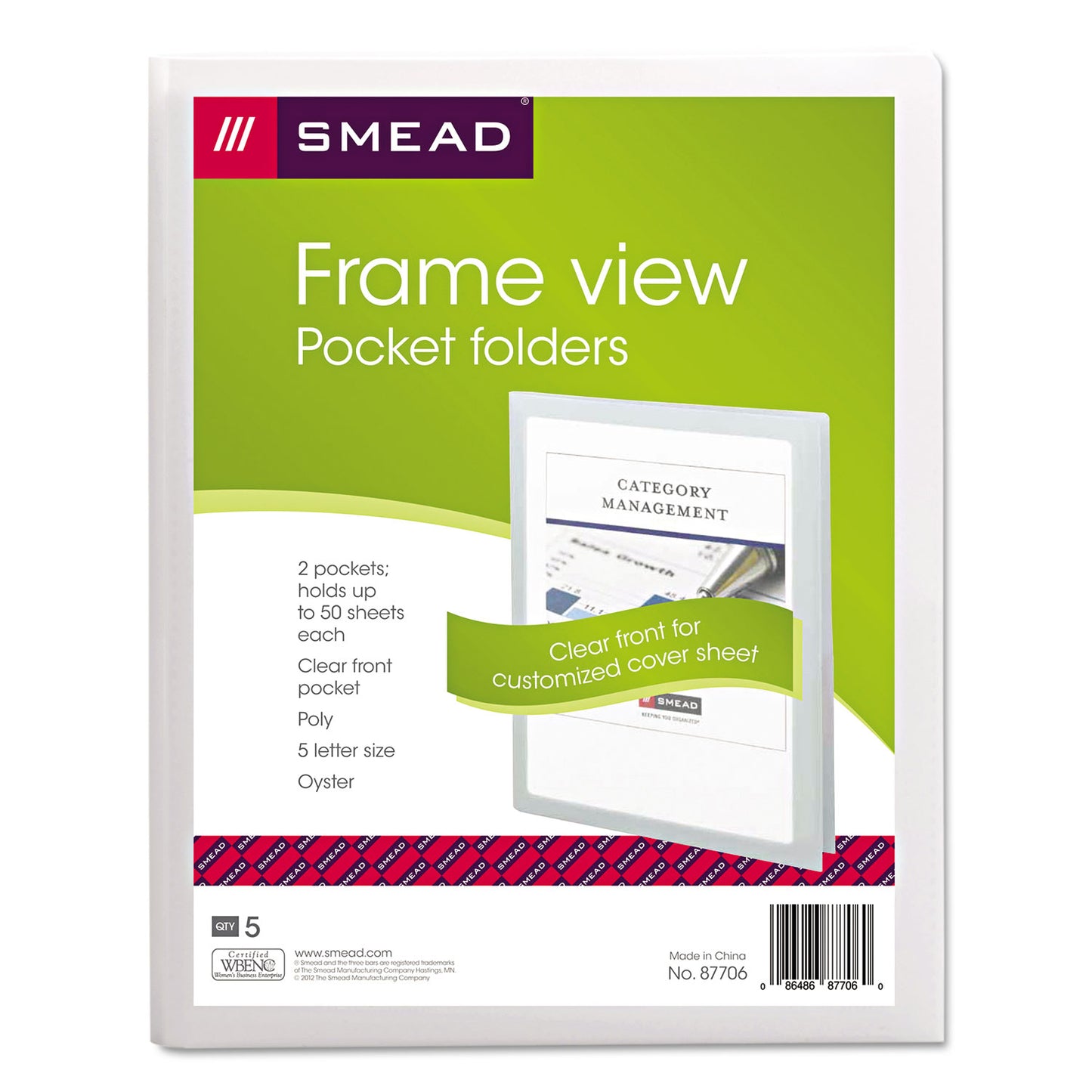 Smead Frame View Poly Two-Pocket Folder, 100-Sheet Capacity, 11 x 8.5, Clear/Oyster, 5/Pack (87706)