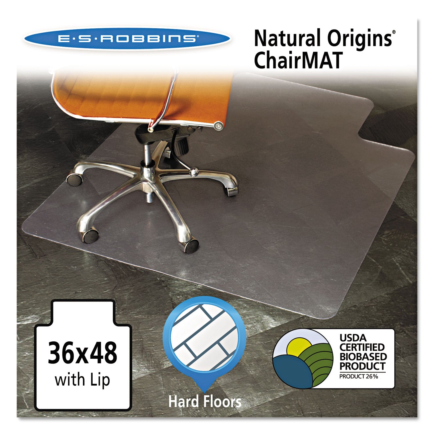 ES Robbins Natural Origins Chair Mat with Lip For Hard Floors, 36 x 48, Clear (143002)