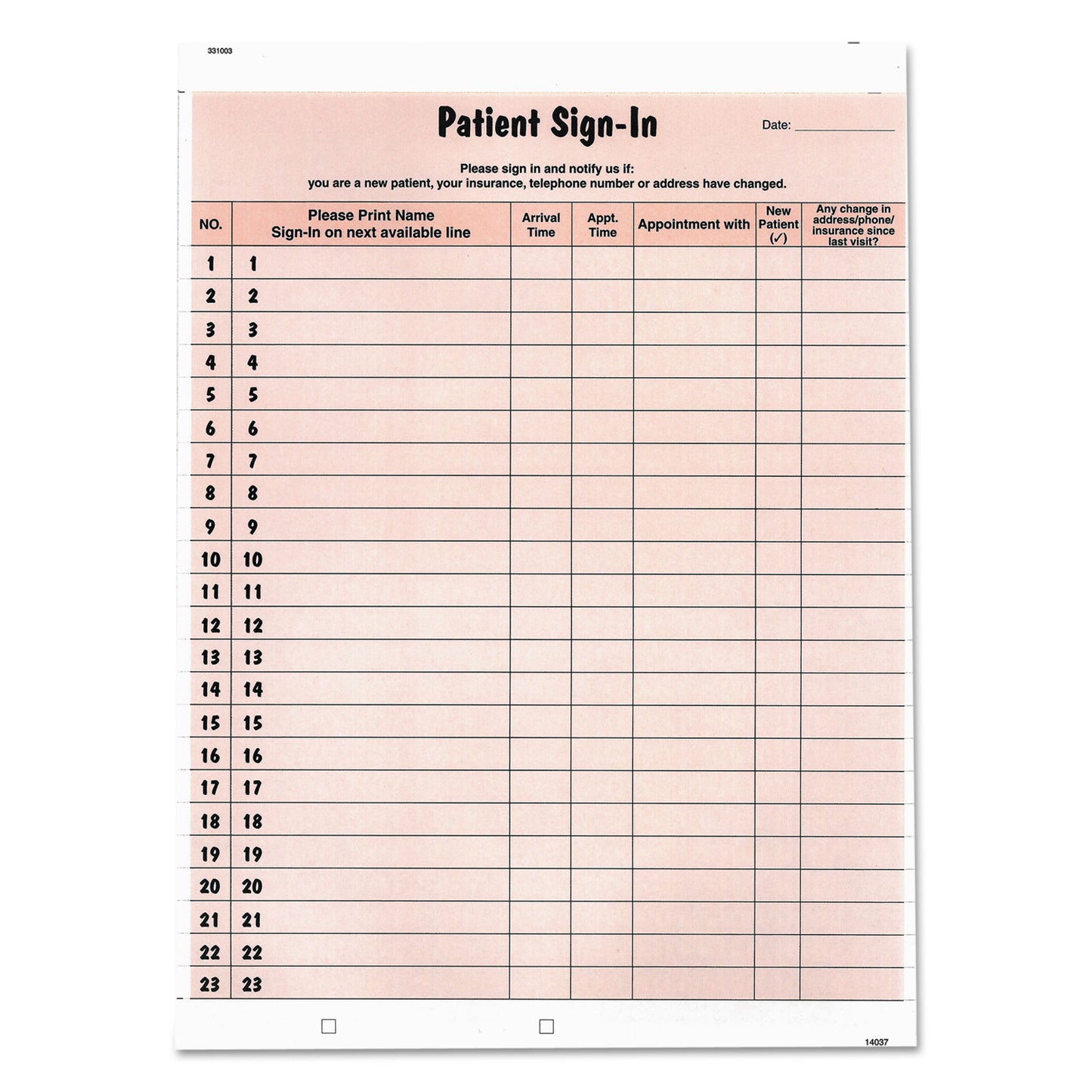 Tabbies Patient Sign-In Label Forms, Two-Part Carbon, 8.5 x 11.63, Salmon Sheets, 125 Forms Total (14530)