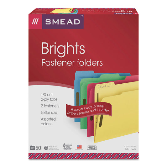 Smead Top Tab Colored Fastener Folders, 0.75" Expansion, 2 Fasteners, Letter Size, Assorted Colors, 50/Box (11975)