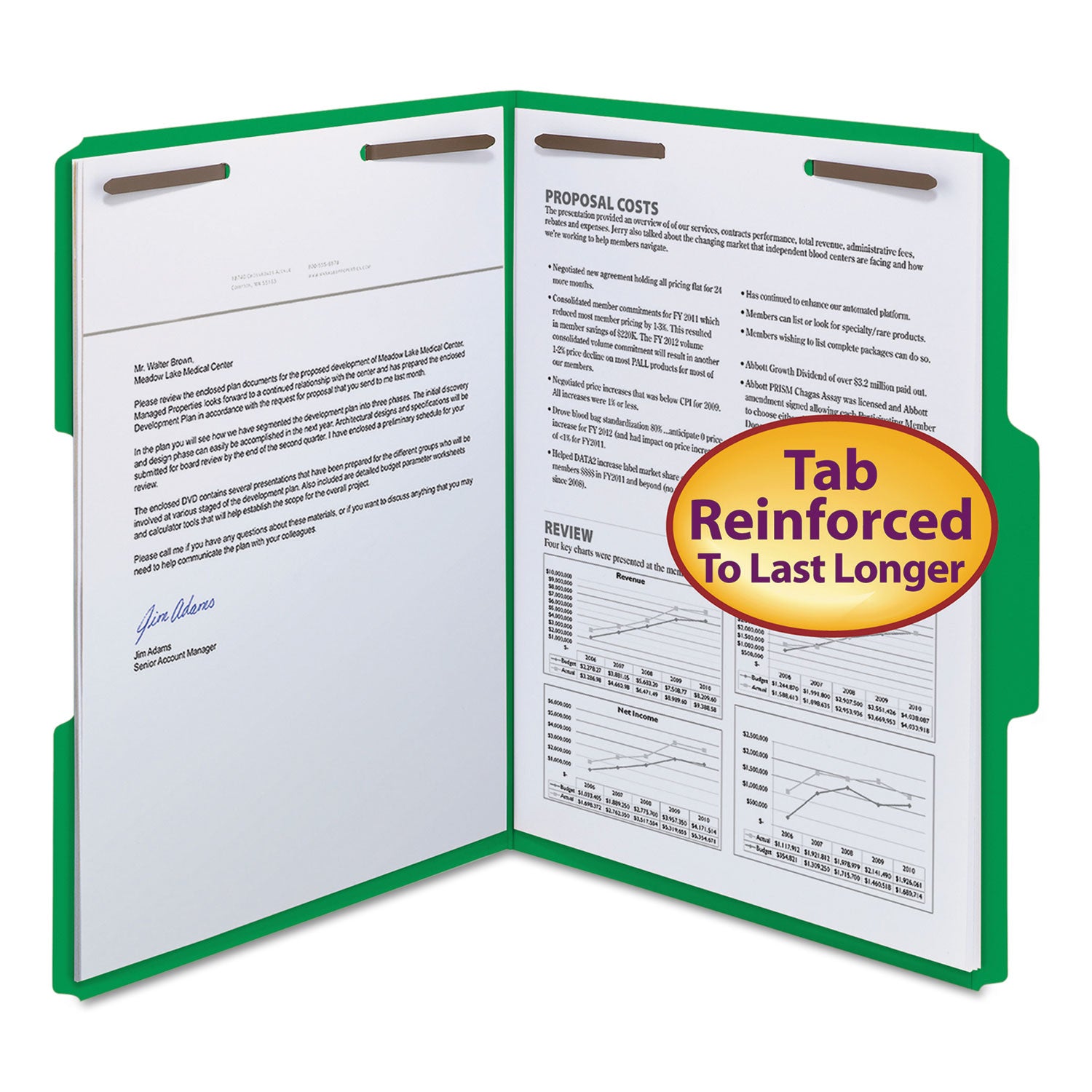 Smead Top Tab Colored Fastener Folders, 0.75" Expansion, 2 Fasteners, Letter Size, Green Exterior, 50/Box (12140)