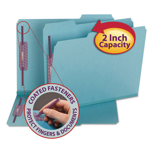 Smead Colored Pressboard Fastener Folders with SafeSHIELD Coated Fasteners, 2" Expansion, 2 Fasteners, Letter Size, Blue, 25/Box (14937)