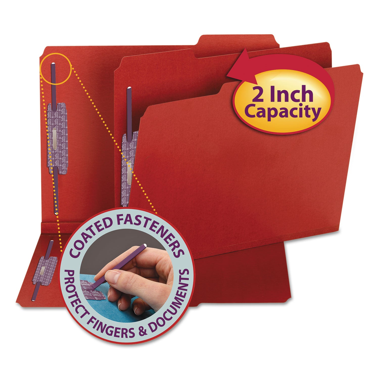 Smead Colored Pressboard Fastener Folders with SafeSHIELD Fasteners, 2" Expansion, 2 Fasteners, Letter Size, Bright Red, 25/Box (14936)