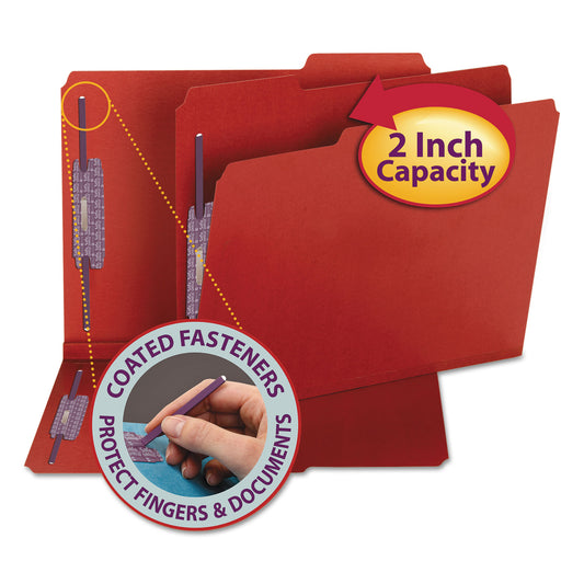 Smead Colored Pressboard Fastener Folders with SafeSHIELD Fasteners, 2" Expansion, 2 Fasteners, Letter Size, Bright Red, 25/Box (14936)