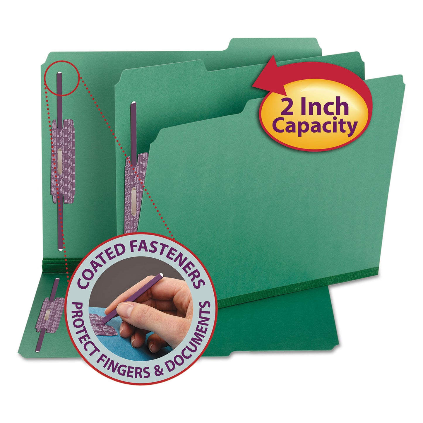 Smead Colored Pressboard Fastener Folders with SafeSHIELD Coated Fasteners, 2" Expansion, 2 Fasteners, Letter Size, Green, 25/Box (14938)