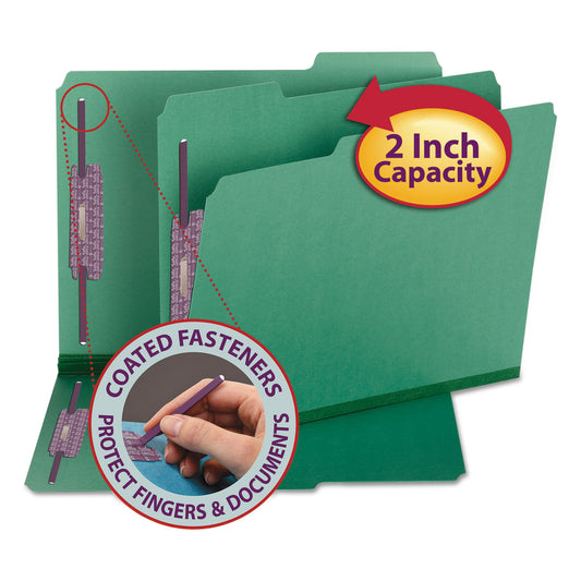 Smead Colored Pressboard Fastener Folders with SafeSHIELD Coated Fasteners, 2" Expansion, 2 Fasteners, Letter Size, Green, 25/Box (14938)