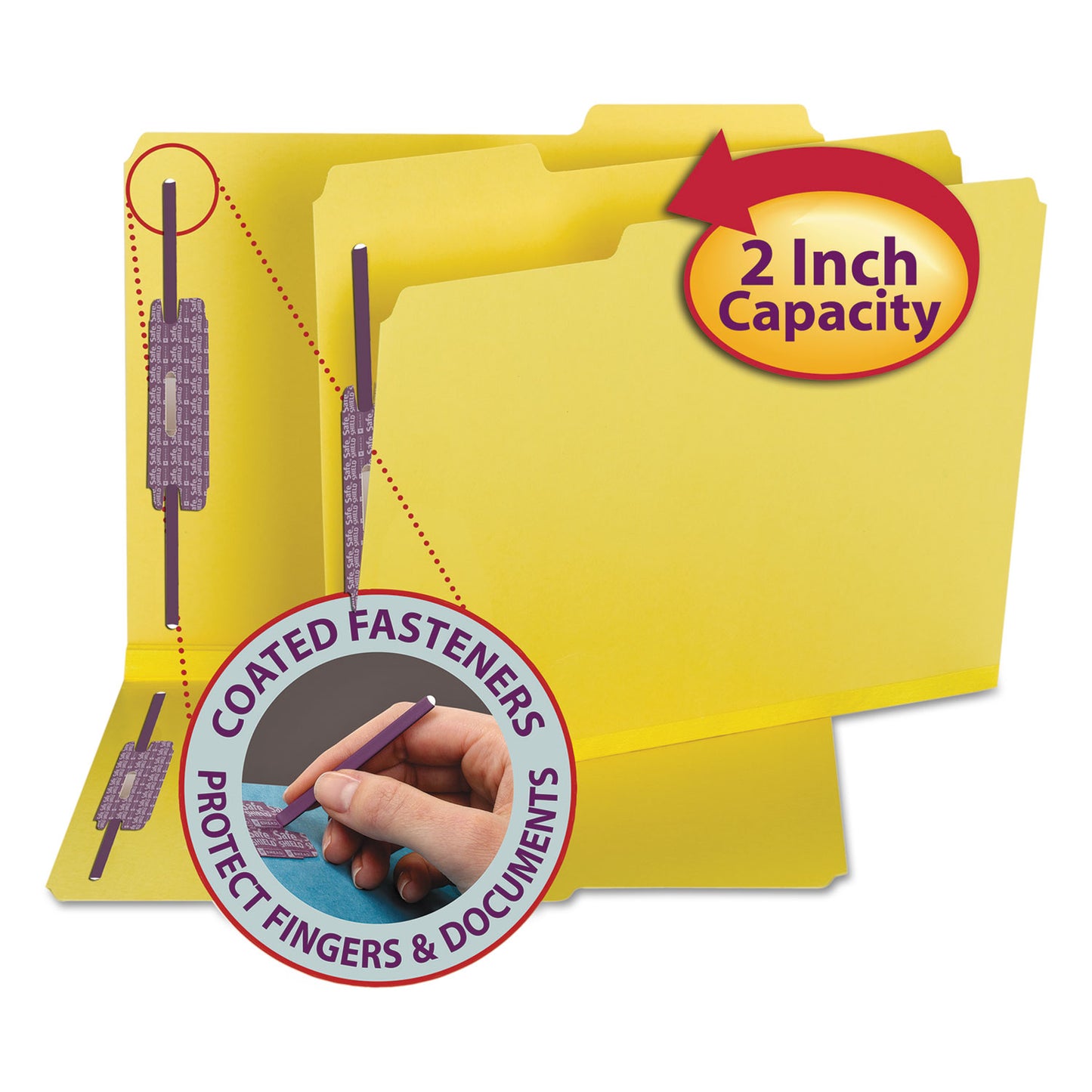 Smead Colored Pressboard Fastener Folders with SafeSHIELD Coated Fasteners, 2" Expansion, 2 Fasteners, Letter Size, Yellow, 25/Box (14939)