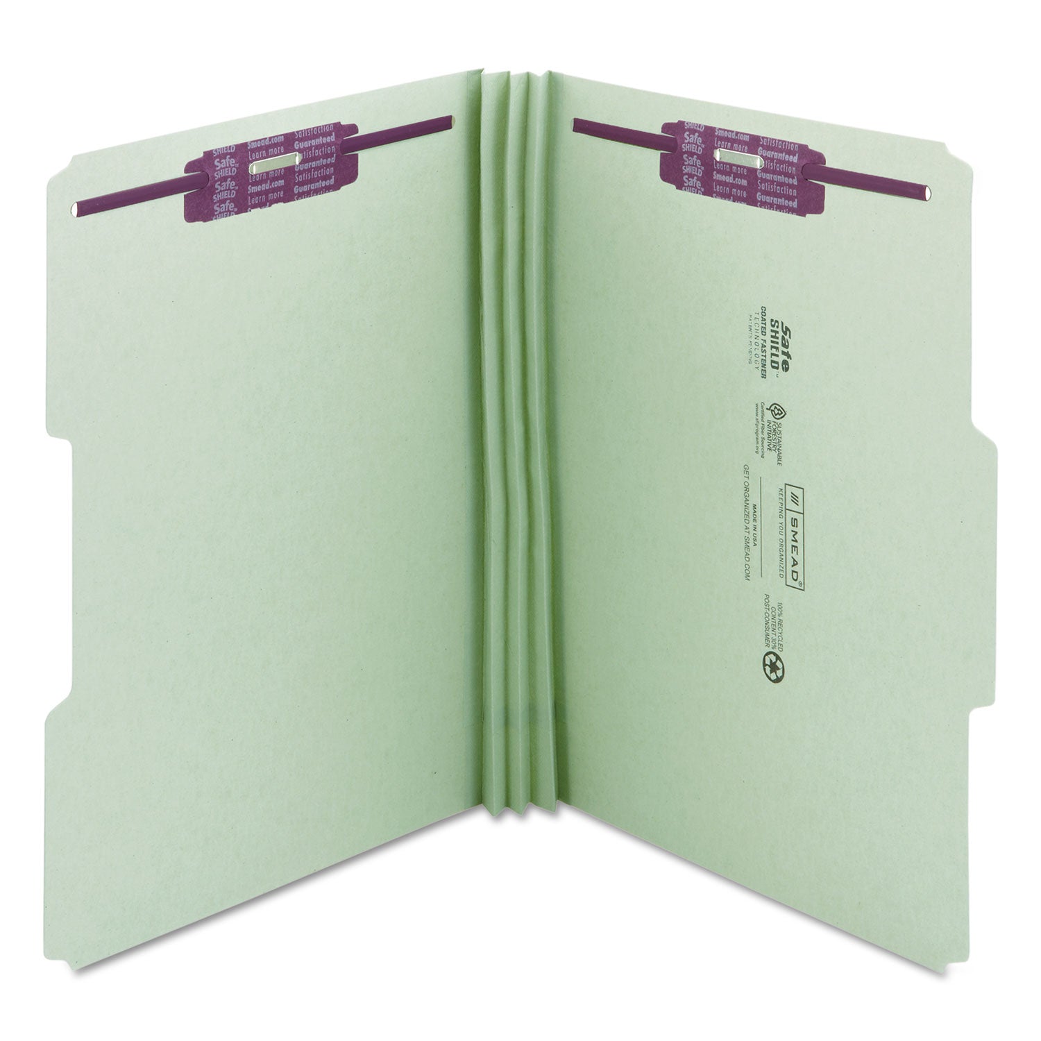 Smead Recycled Pressboard Fastener Folders, 1/3-Cut Tabs, Two SafeSHIELD Fasteners, 3" Expansion, Legal Size, Gray-Green, 25/Box (19944)