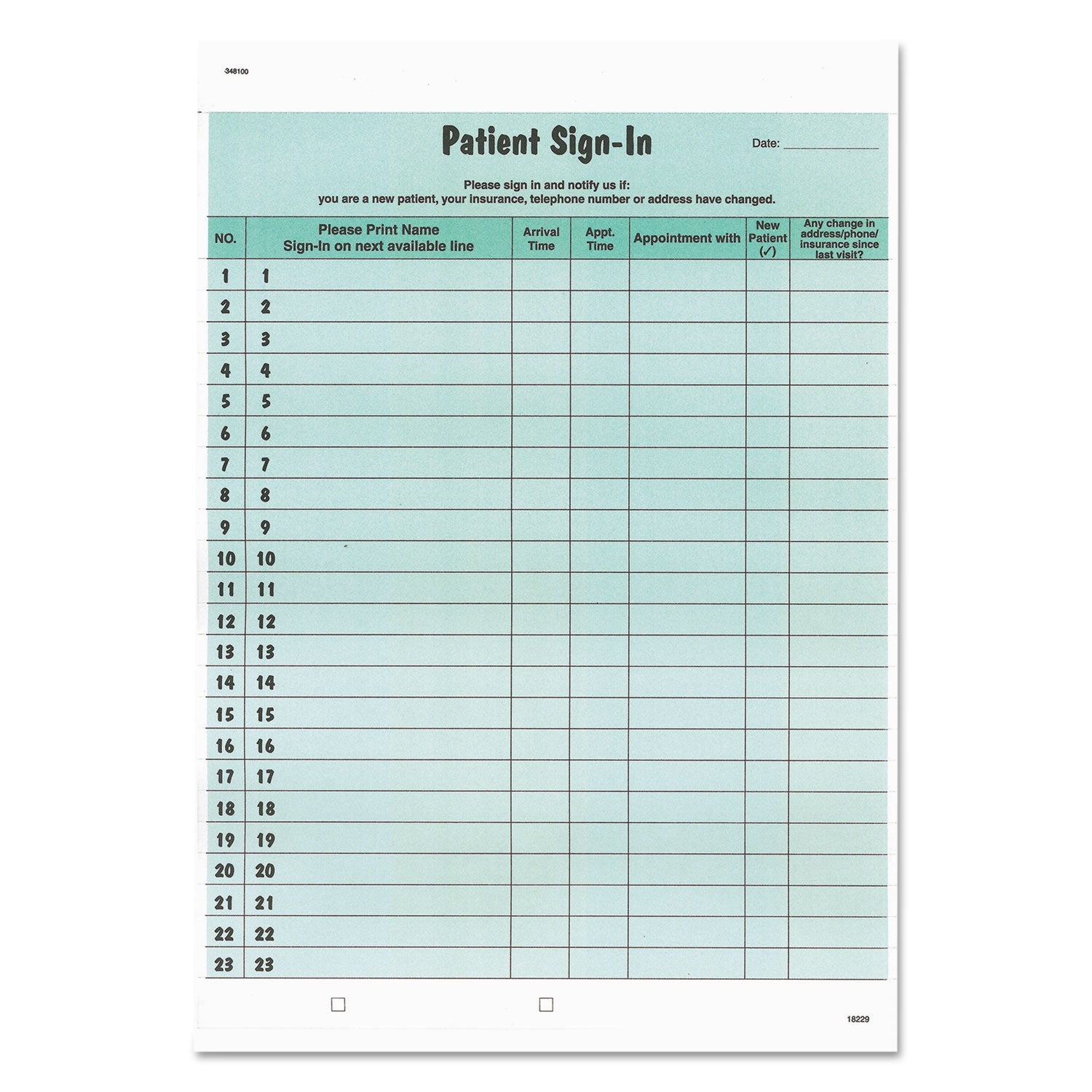 Tabbies Patient Sign-In Label Forms, Two-Part Carbon, 8.5 x 11.63, Green Sheets, 125 Forms Total (14532)