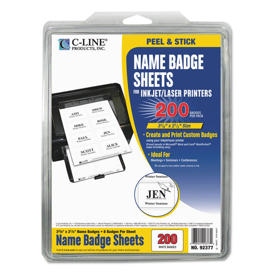 C-Line Laser Printer Name Badges, 3 3/8 x 2 1/3, White, 200/Box (92377)