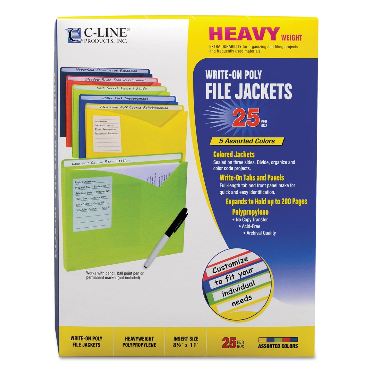 C-Line Write-On Poly File Jackets, Straight Tab, Letter Size, Assorted Colors, 25/Box (63060)