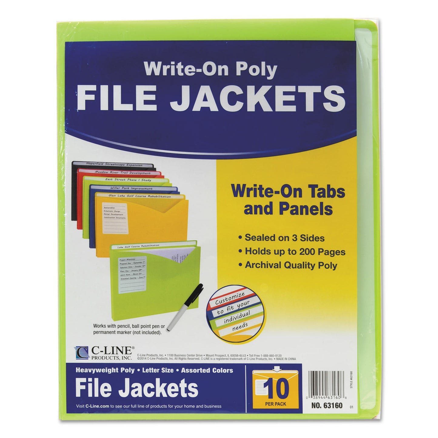 C-Line Write-On Poly File Jackets, Straight Tab, Letter Size, Assorted Colors, 10/Pack (63160)