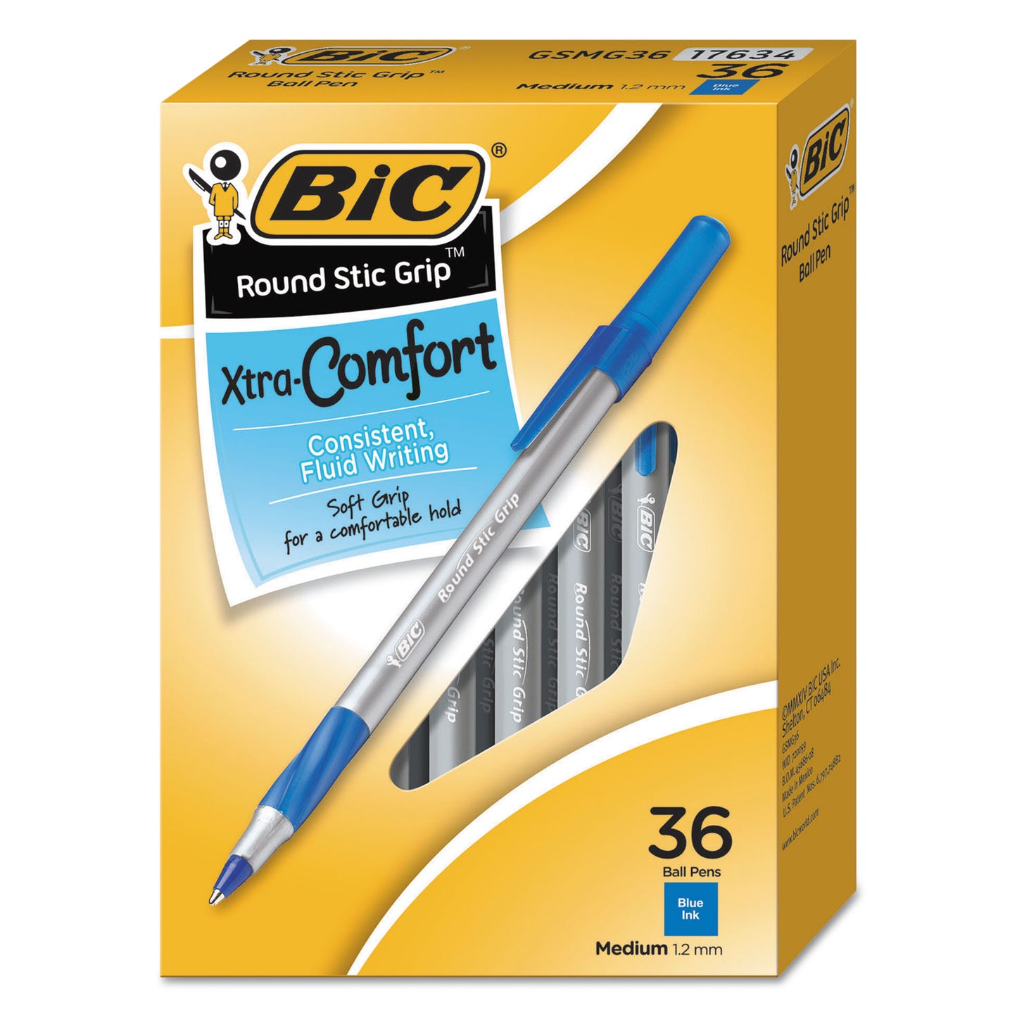 BIC Round Stic Grip Xtra Comfort Ballpoint Pen Value Pack, Easy-Glide, Stick, Medium 1.2 mm, Blue Ink, Gray/Blue Barrel, 36/Pack (GSMG361BE)