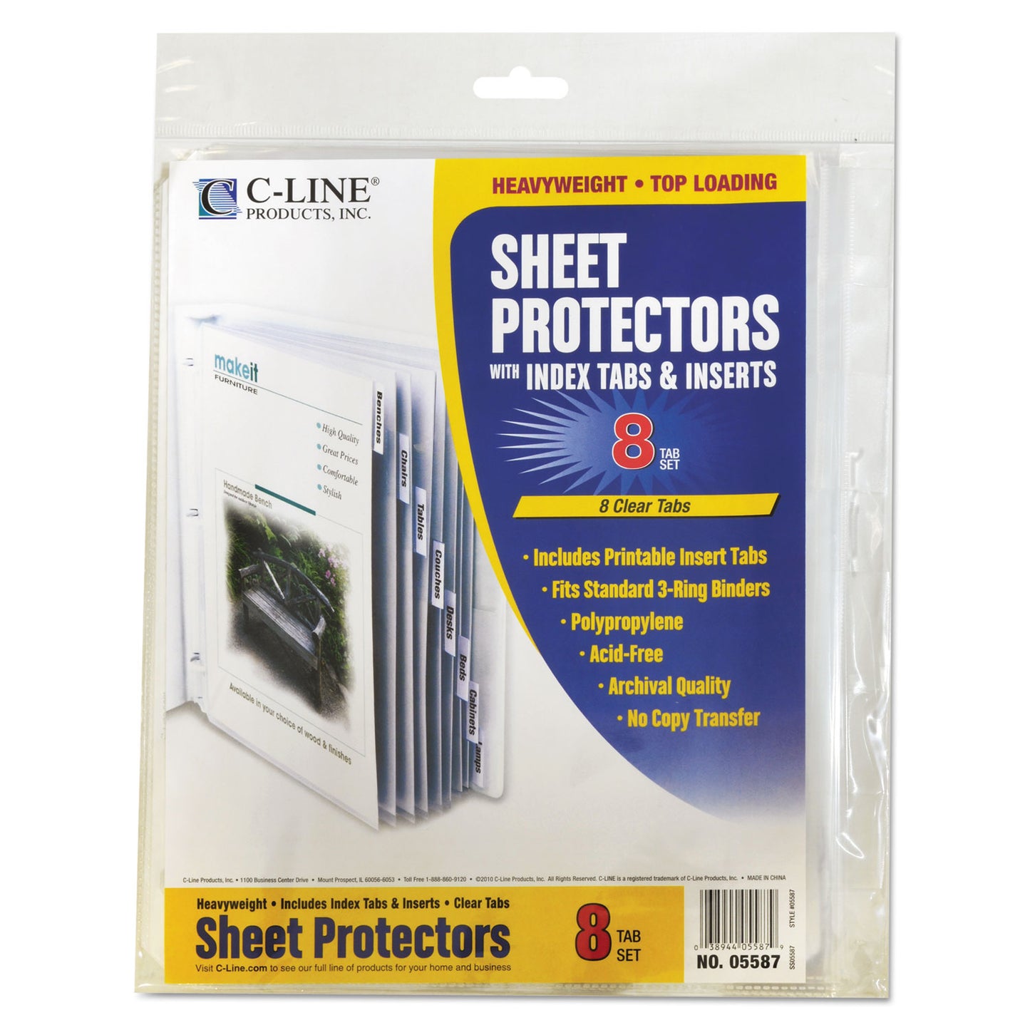 C-Line Sheet Protectors with Index Tabs, Clear Tabs, 2", 11 x 8.5, 8/Set (05587)