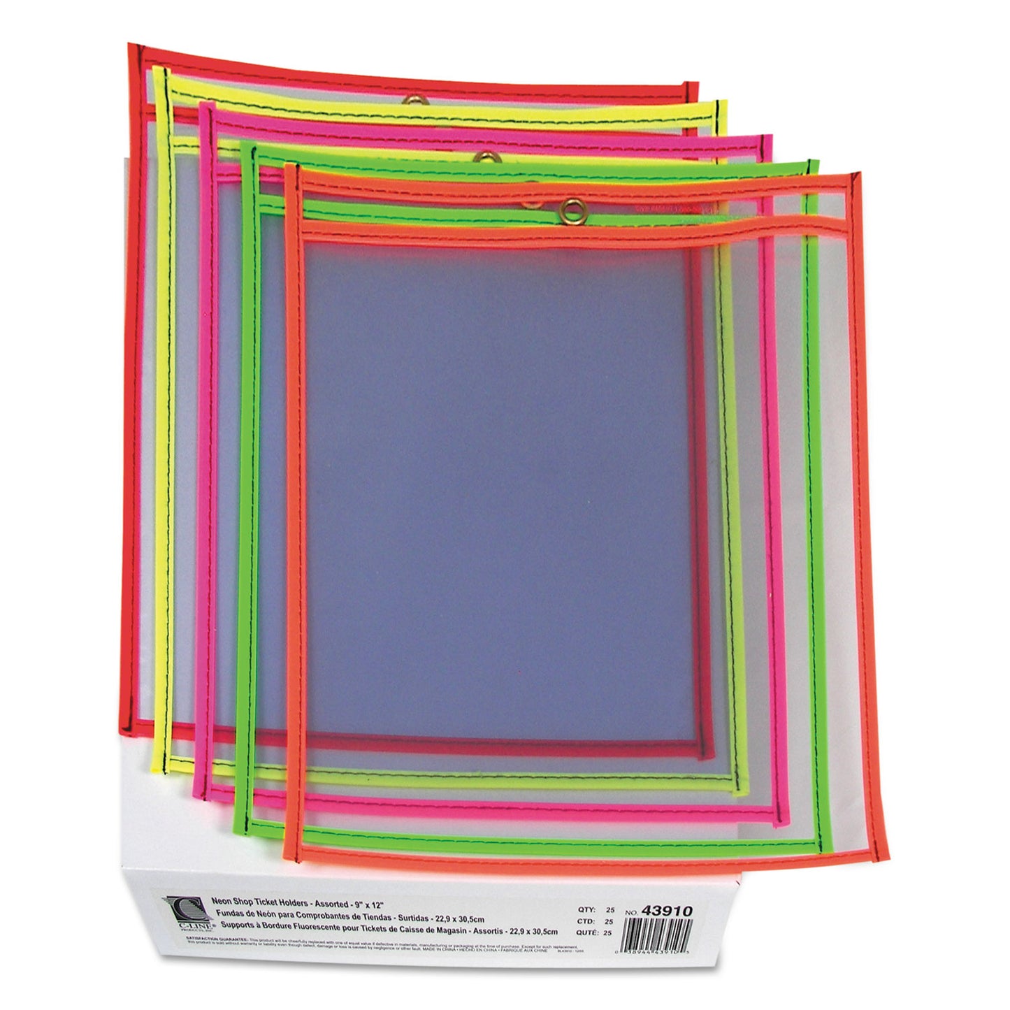 C-Line Stitched Shop Ticket Holders, Neon, Assorted 5 Colors, 75", 9 x 12, 25/BX (43910)