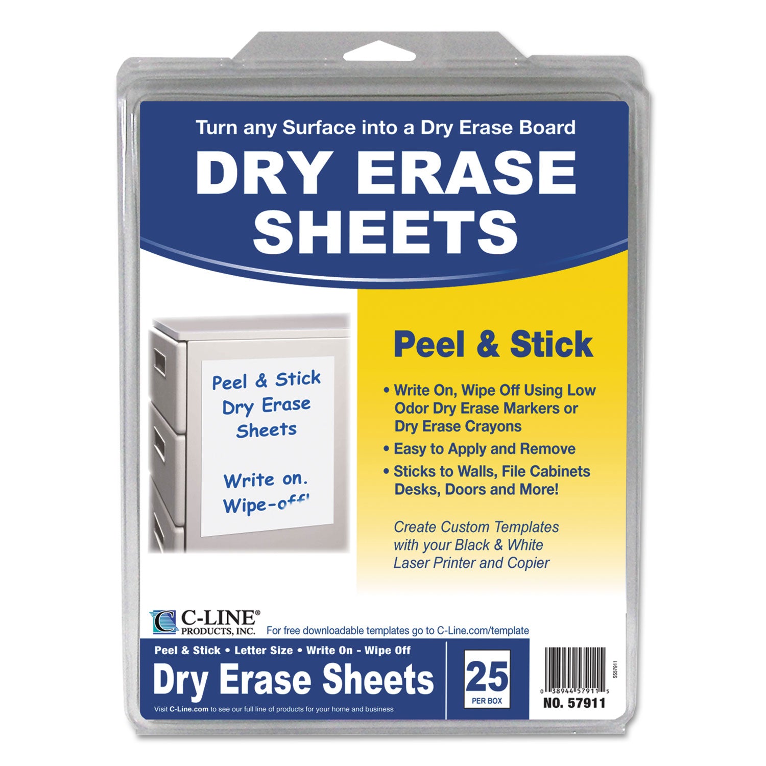 C-Line Self-Stick Dry Erase Sheets, 8.5 x 11, White Surface, 25/Box (57911)