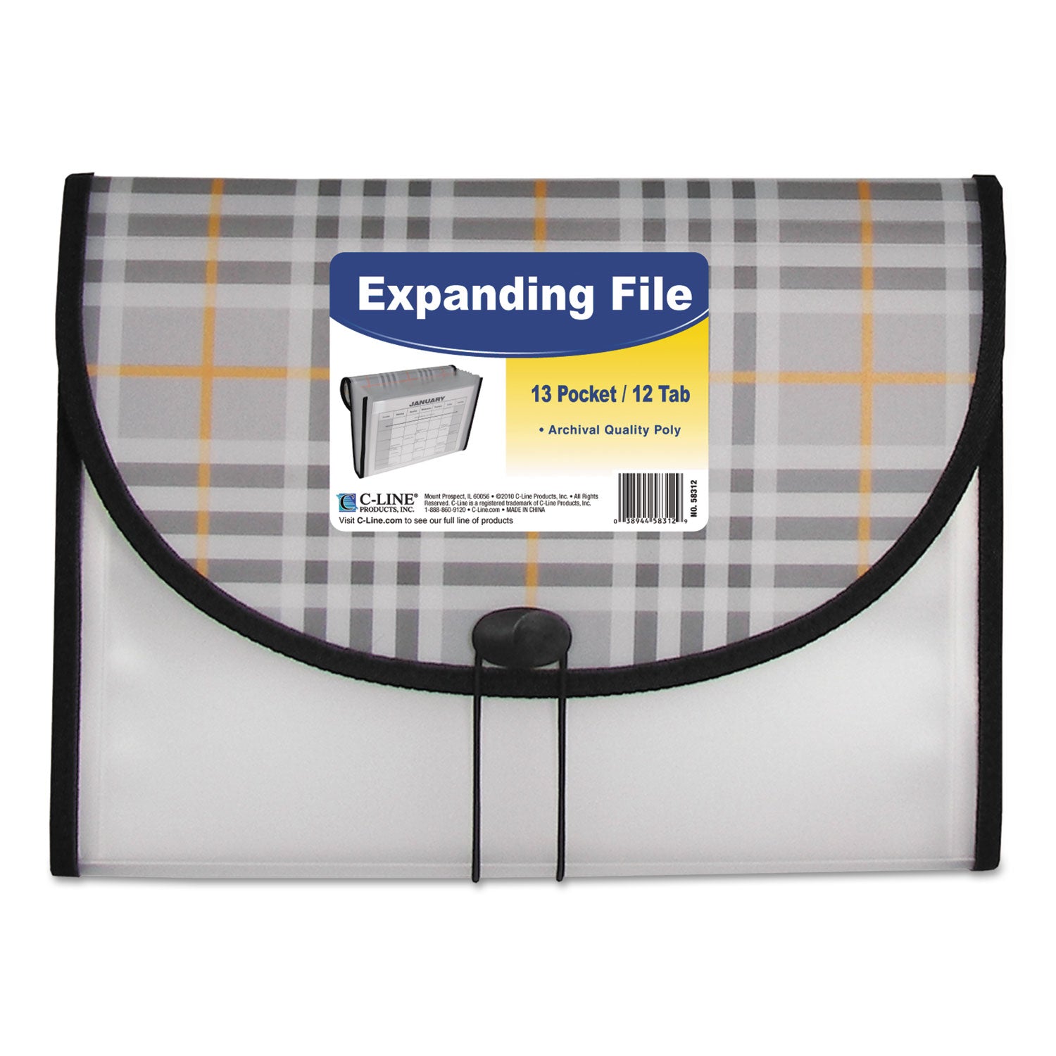 C-Line Plaid Design Expanding Files, 1.5" Expansion, 13 Sections, Cord/Hook Closure, 1/6-Cut Tabs, Letter Size, Gray Plaid (58312)