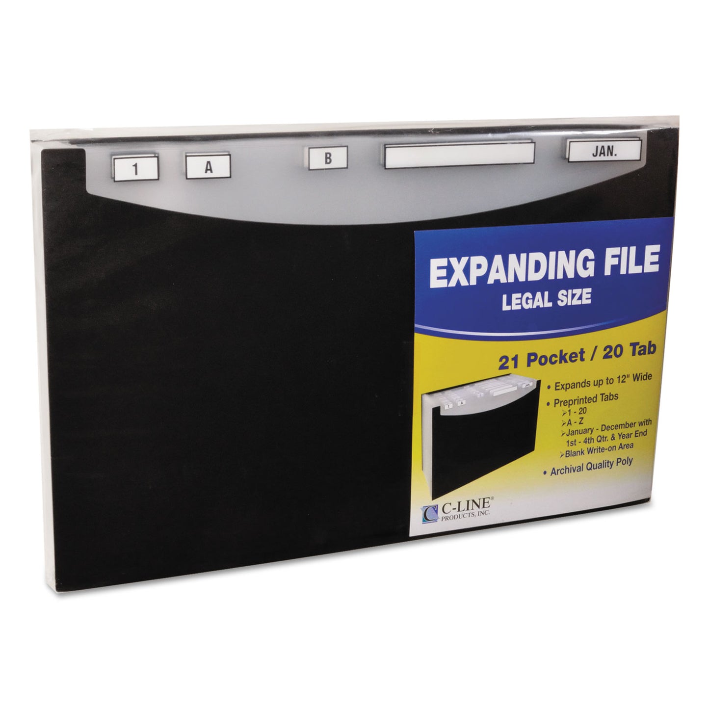 C-Line 21-Pocket Stand-Up Design Expanding File, 12" Expansion, 21 Sections, 1/5-Cut Tabs, Legal Size, Black (48221)