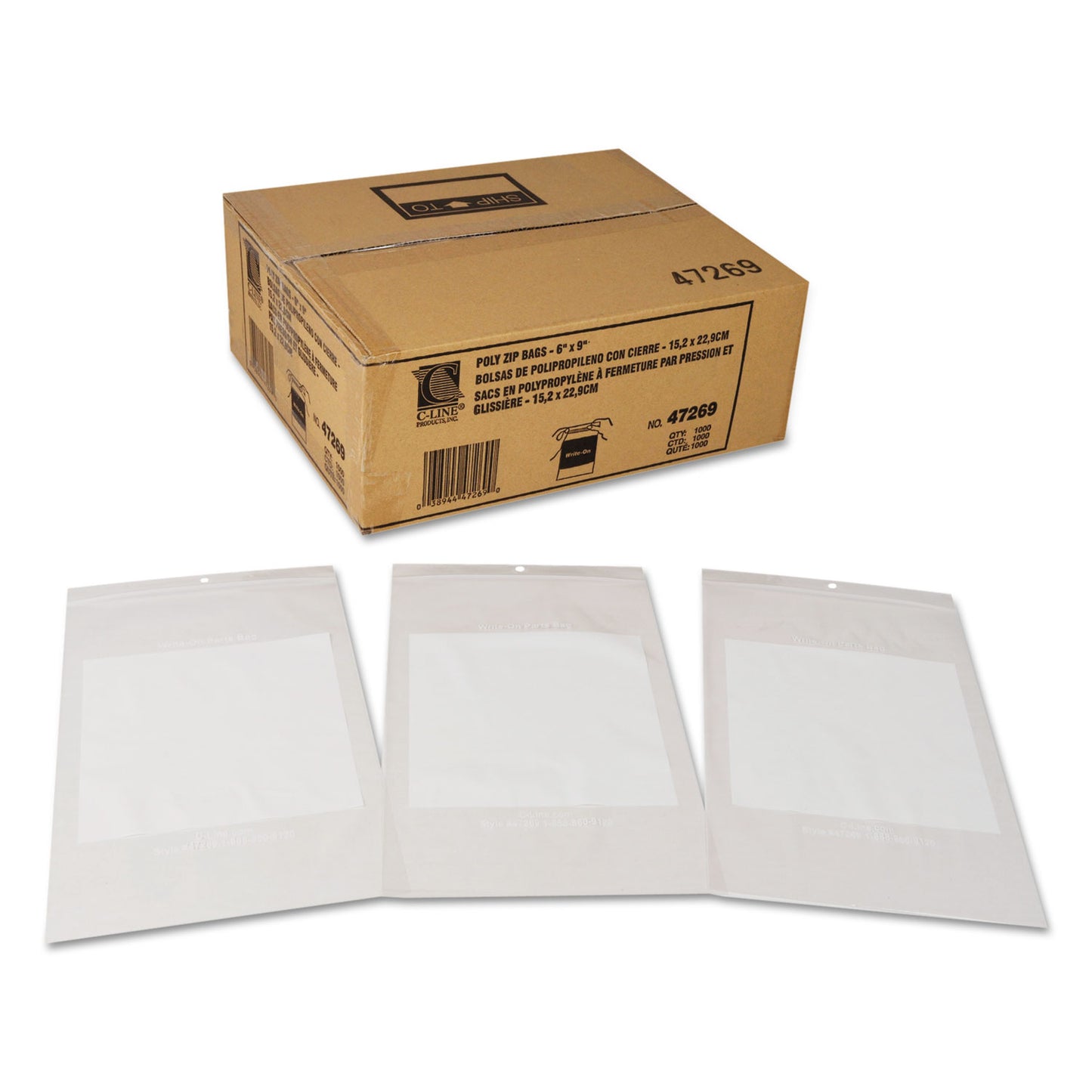 C-Line Write-On Poly Bags, 2 mil, 6" x 9", Clear, 1,000/Carton (47269)