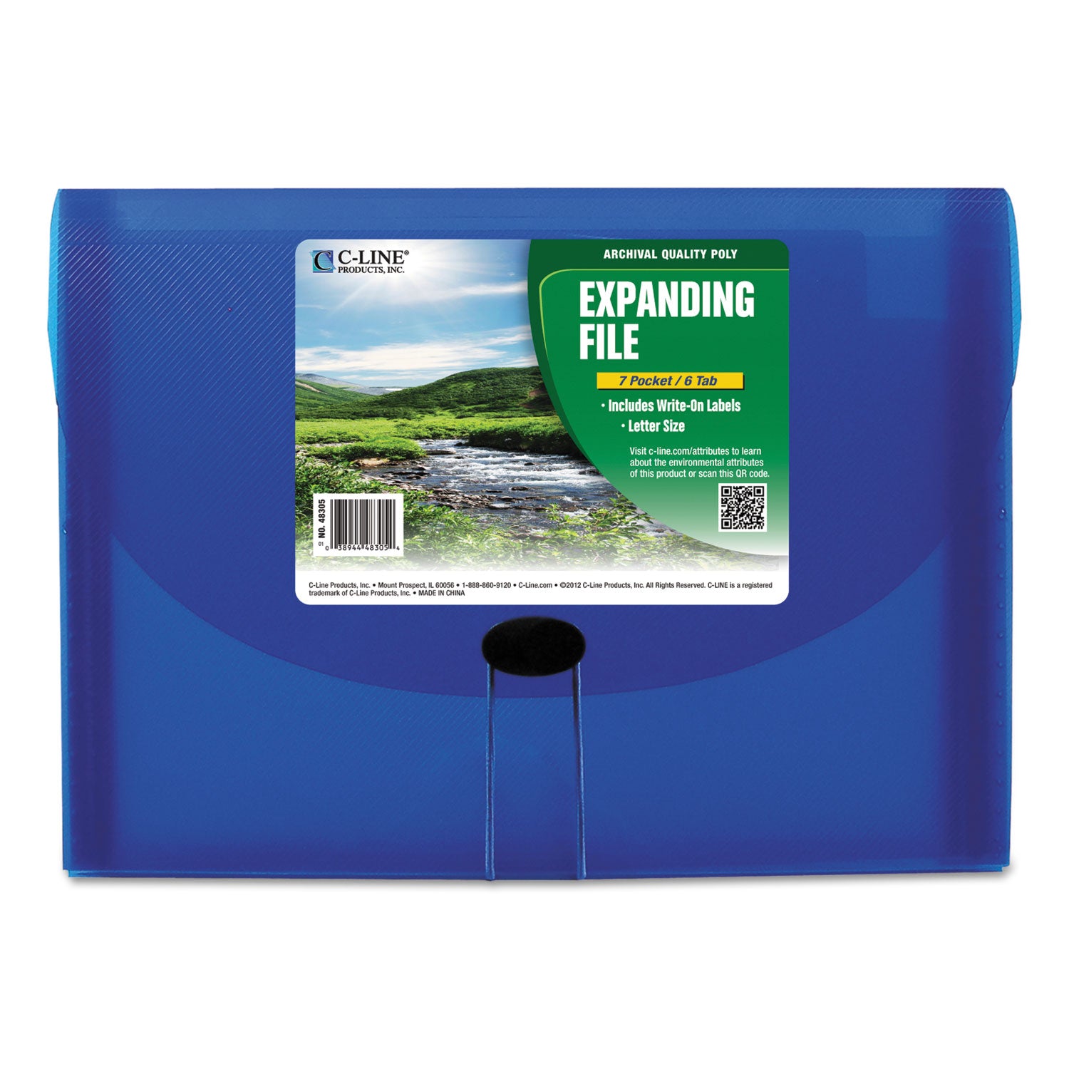 C-Line Expanding Files, 1.63" Expansion, 7 Sections, Cord/Hook Closure, 1/6-Cut Tabs, Letter Size, Blue (48305)