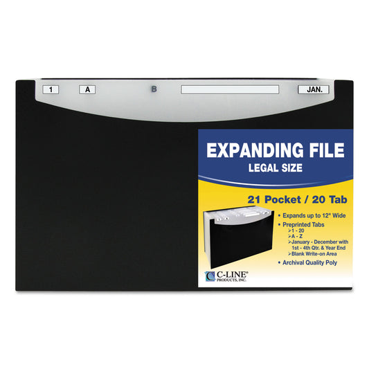 C-Line 21-Pocket Stand-Up Design Expanding File, 12" Expansion, 21 Sections, 1/5-Cut Tabs, Legal Size, Black (48221)