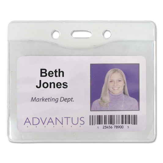 Advantus Security ID Badge Holders, Horizontal, Pre-Punched for Chain/Clip, Clear, 3.75" x 3.25" Holder, 3.5" x 2.5" Insert, 50/Box (75411)