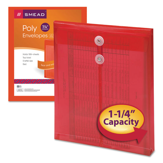 Smead Poly String and Button Interoffice Envelopes, Open-End (Vertical), 9.75 x 11.63, Transparent Red, 5/Pack (89547)