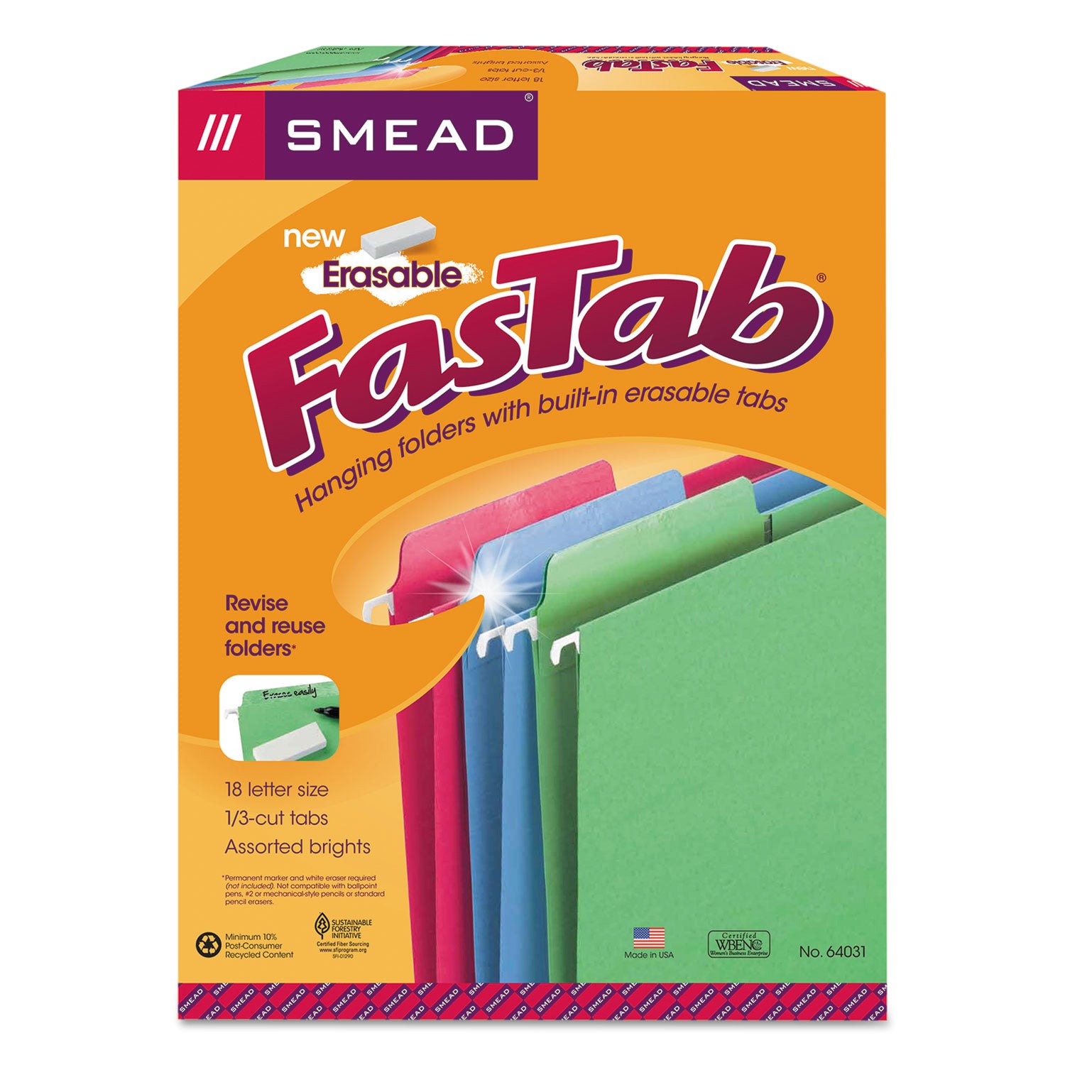 Smead Erasable Folders, Letter Size, 1/3-Cut Tabs, Assorted Colors, 18/Box (64031)