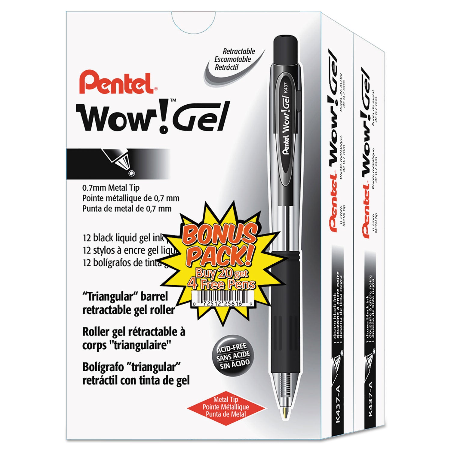 Pentel WOW! Gel Pen Bonus Pack, Retractable, Medium 0.7 mm, Black Ink, Clear/Black Barrel, 24/Pack (K437ASW2)