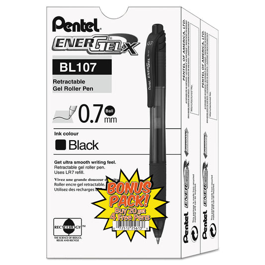 Pentel EnerGel-X Gel Pen, Retractable, Medium 0.7 mm, Black Ink, Smoke/Black Barrel, 24/Pack (BL107ASW2)