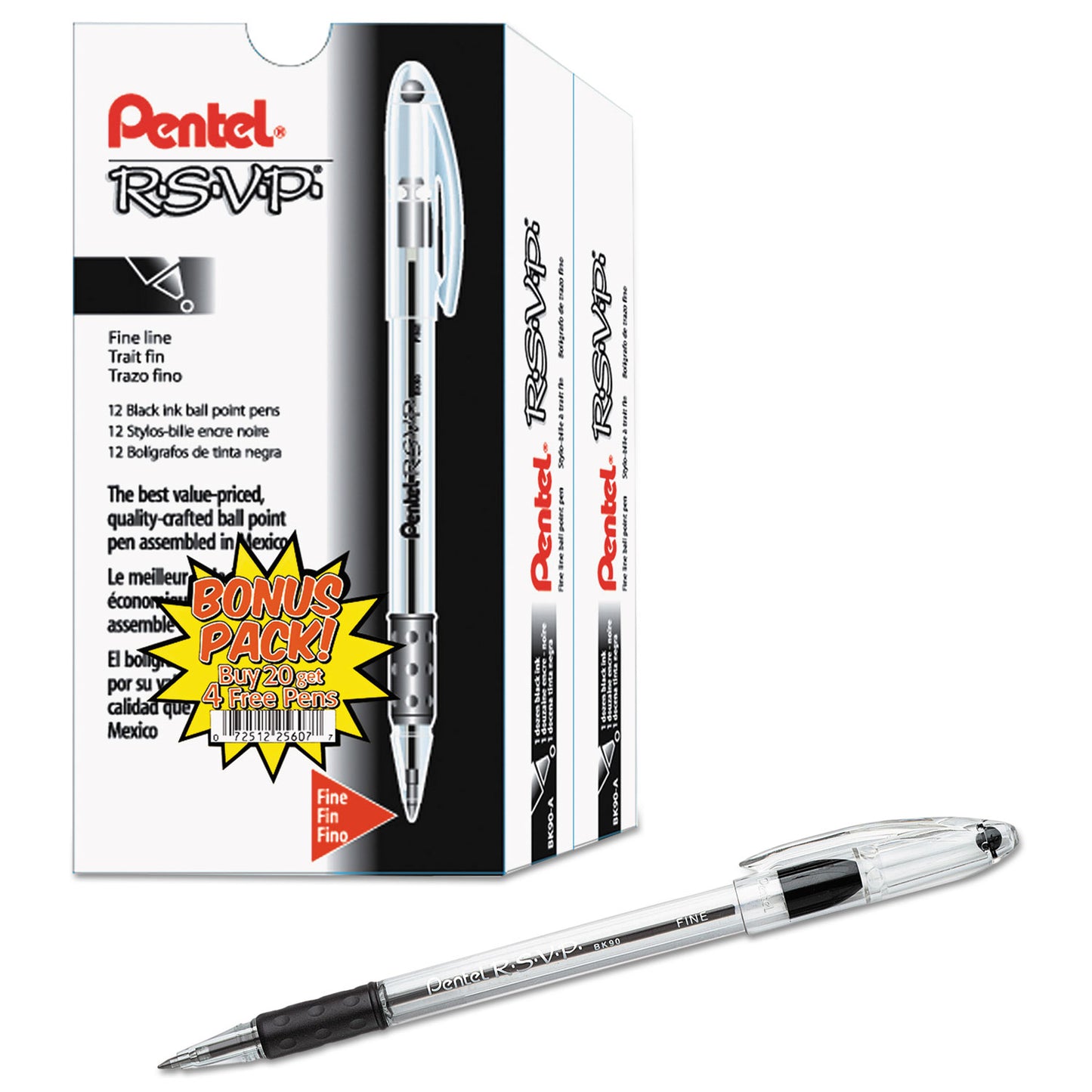 Pentel R.S.V.P. Ballpoint Pen Value Pack, Stick, Fine 0.7 mm, Black Ink, Clear/Black Barrel, 24/Pack (BK90ASW2)