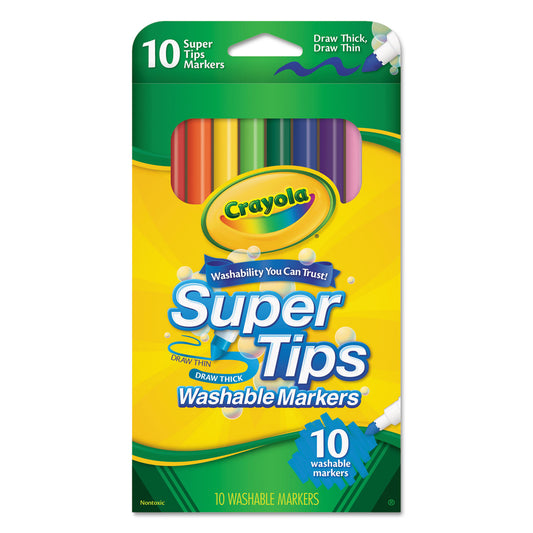 Crayola Washable Super Tips Markers, Fine/Broad Bullet Tips, Assorted Colors, 10/Set (588610)