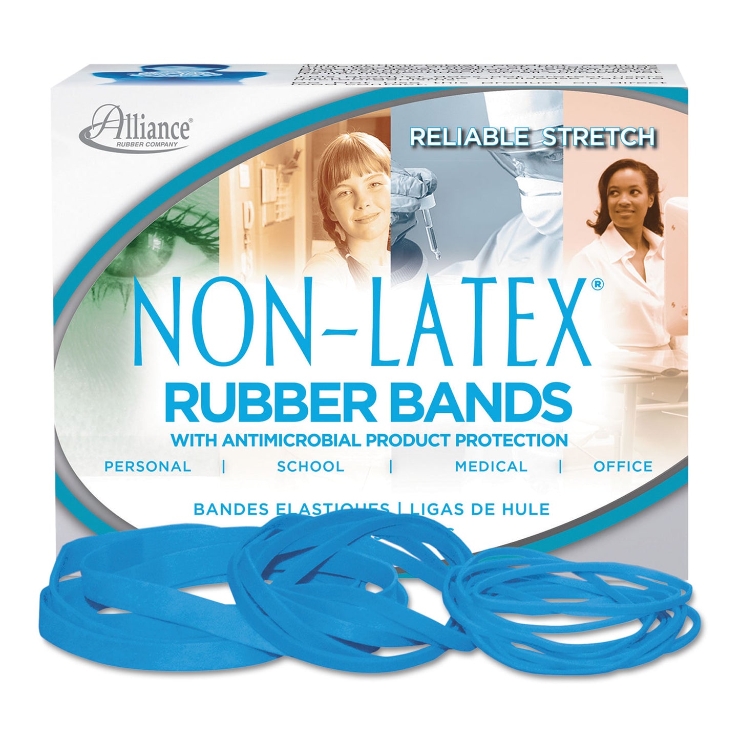 Alliance Antimicrobial Non-Latex Rubber Bands, Size 64, 0.04" Gauge, Cyan Blue, 4 oz Box, 95/Box (42649)