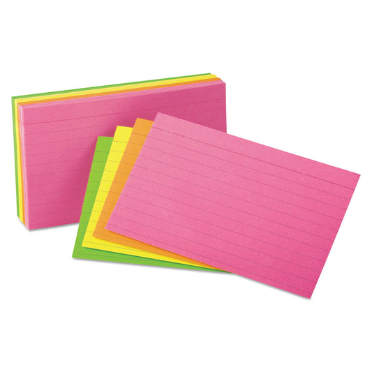 Oxford Ruled Index Cards, 3 x 5, Glow Green/Yellow, Orange/Pink, 100/Pack (40279)
