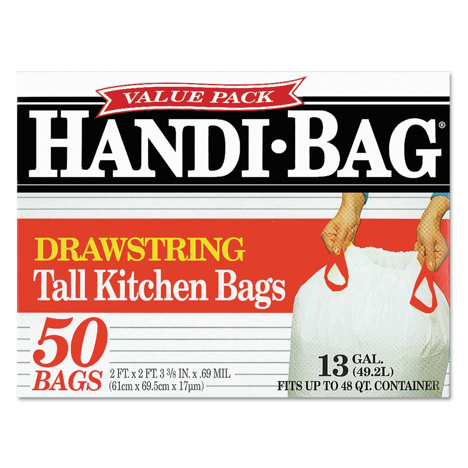 Handi-Bag Drawstring Kitchen Bags, 13 gal, 24" x 27.38", White, 50/Box (HAB6DK50)