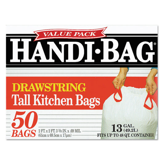 Handi-Bag Drawstring Kitchen Bags, 13 gal, 24" x 27.38", White, 50/Box (HAB6DK50)