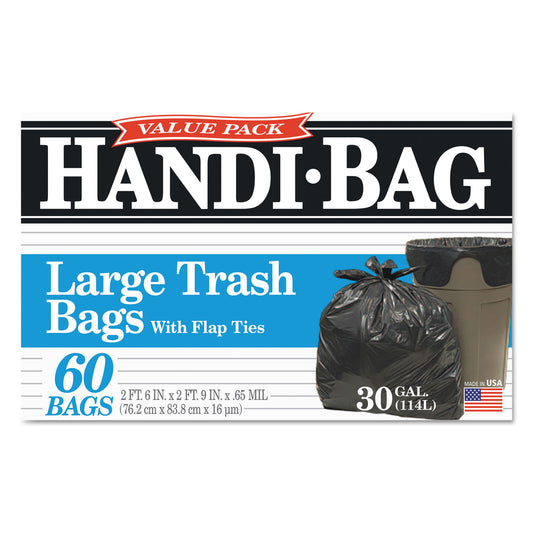 Handi-Bag Super Value Pack Can Liners, 30 gal, 0.65 mil, 30" x 33", Black, 60/Box (HAB6FT60)