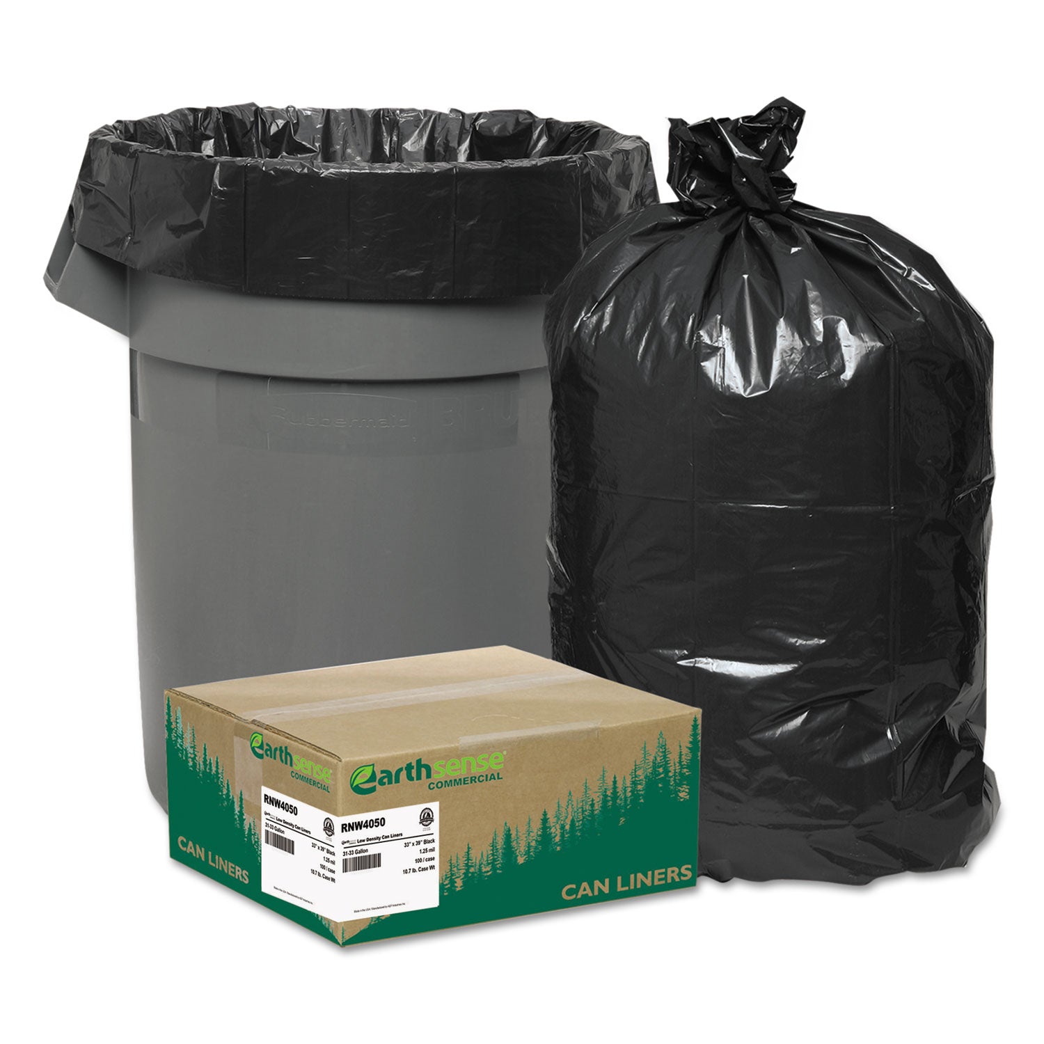 Earthsense Linear Low Density Recycled Can Liners, 33 gal, 1.25 mil, 33" x 39", Black, 10 Bags/Roll, 10 Rolls/Carton (RNW4050)