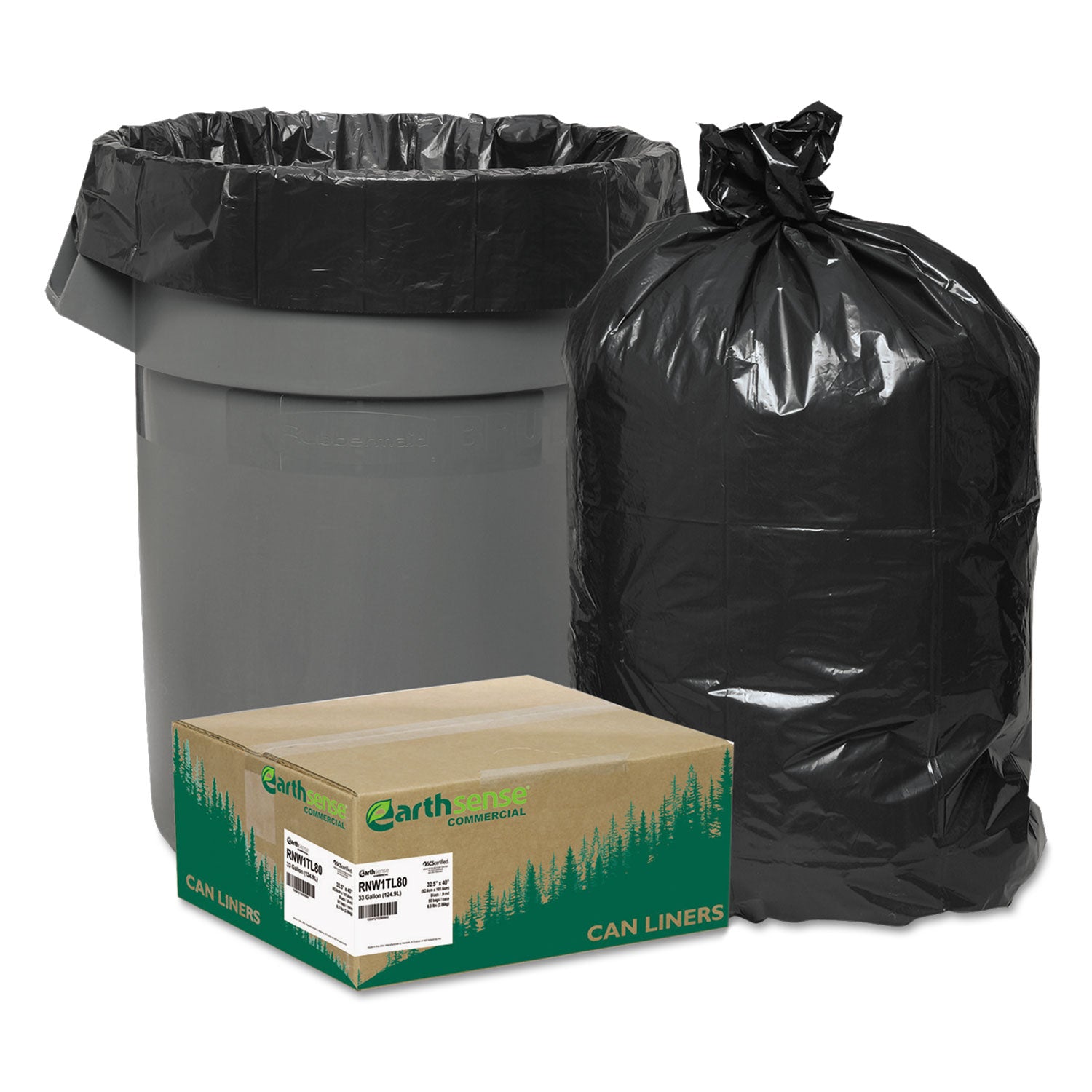 Earthsense Linear Low Density Large Trash and Yard Bags, Open-Face, 33 gal, 0.9 mil, 32.5" x 40", Black, 80/Carton (RNW1TL80)