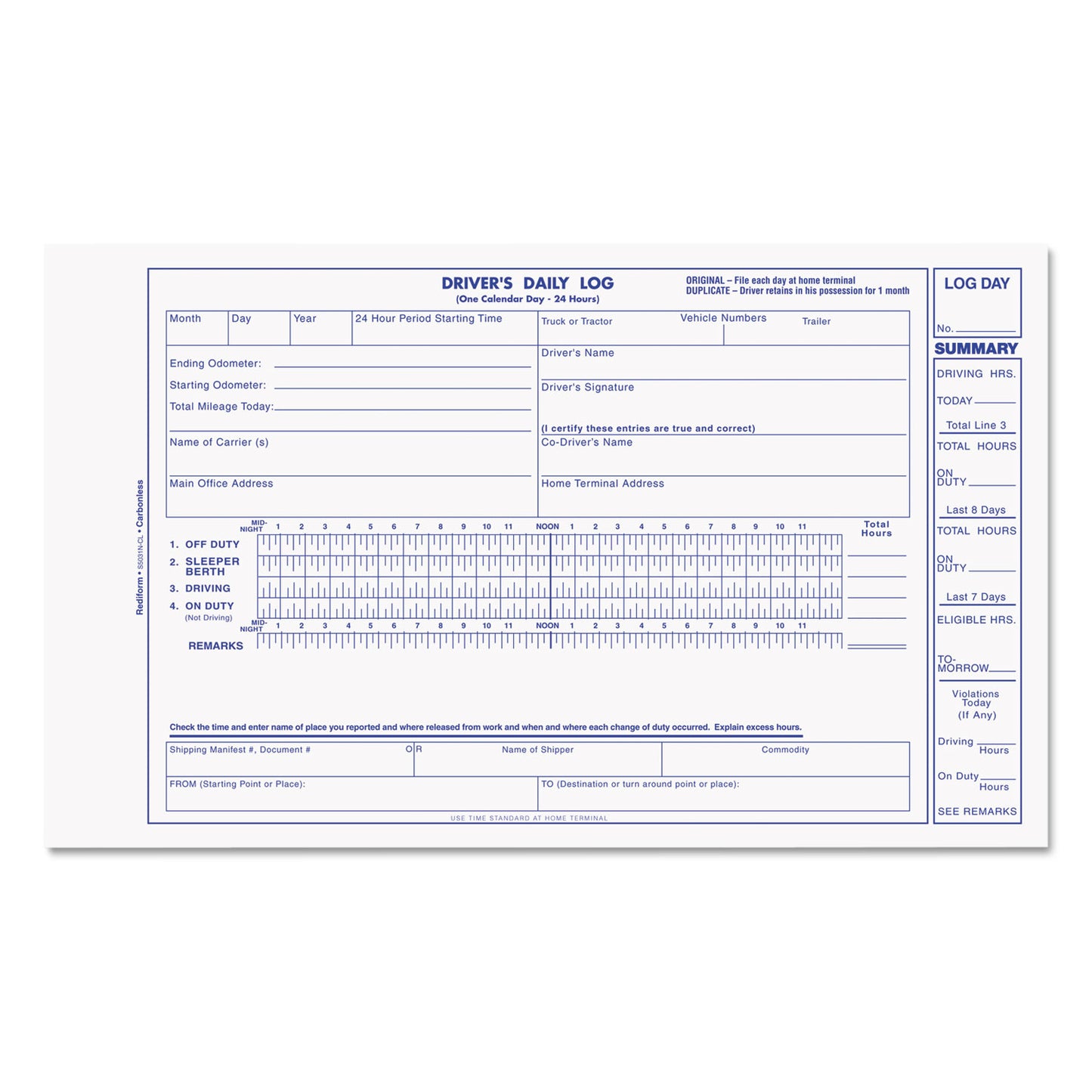 Rediform Driver's Daily Log Book, Two-Part Carbonless, 8.75 x 5.38, 31 Forms Total (S5031NCL)