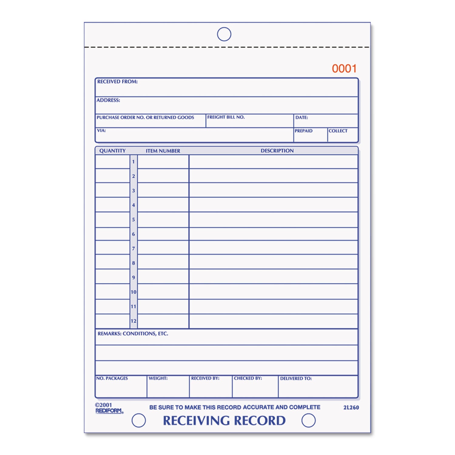 Rediform Receiving Record Book, Three-Part Carbonless, 5.56 x 7.94, 50 Forms Total (2L260)