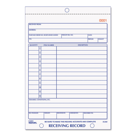 Rediform Receiving Record Book, Three-Part Carbonless, 5.56 x 7.94, 50 Forms Total (2L260)