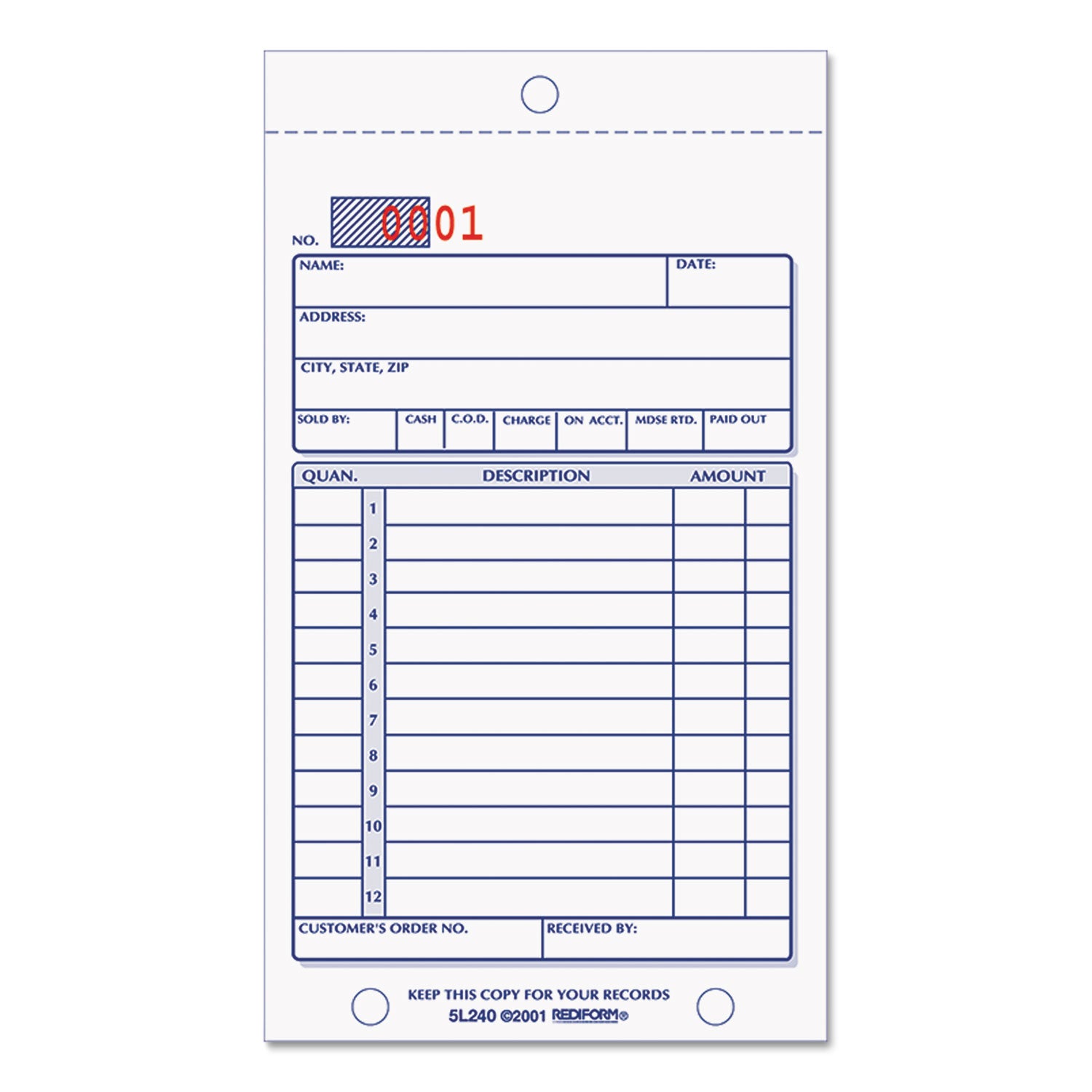 Rediform Sales Book, 12 Lines, Two-Part Carbonless, 3.63 x 6.38, 50 Forms Total (5L240)