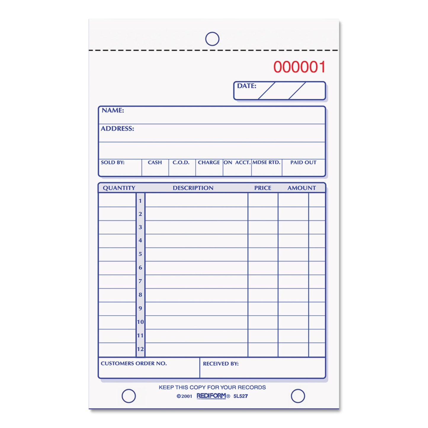 Rediform Sales Book, 12 Lines, Two-Part Carbonless, 4.25 x 6.38, 50 Forms Total (5L527)