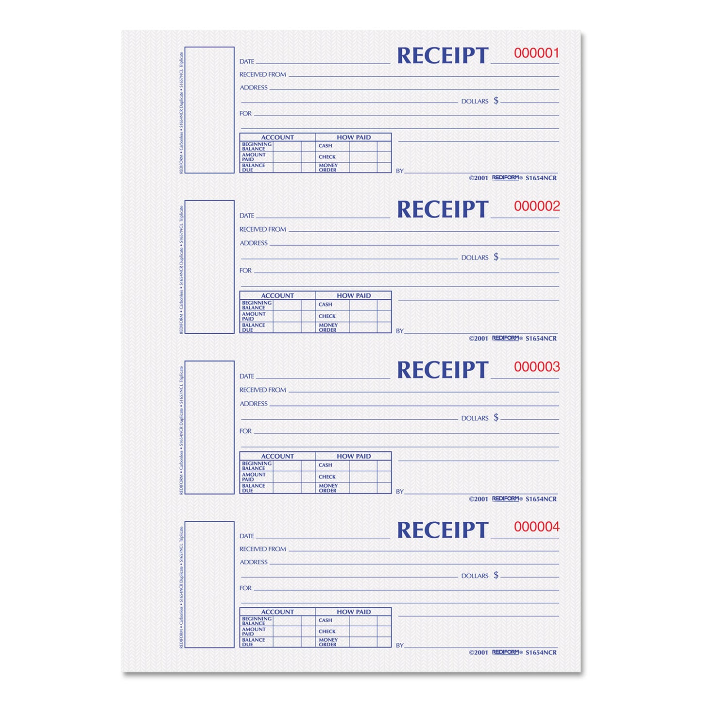 Rediform Durable Hardcover Numbered Money Receipt Book, Two-Part Carbonless, 6.88 x 2.75, 4 Forms/Sheet, 300 Forms Total (S1654NCR)