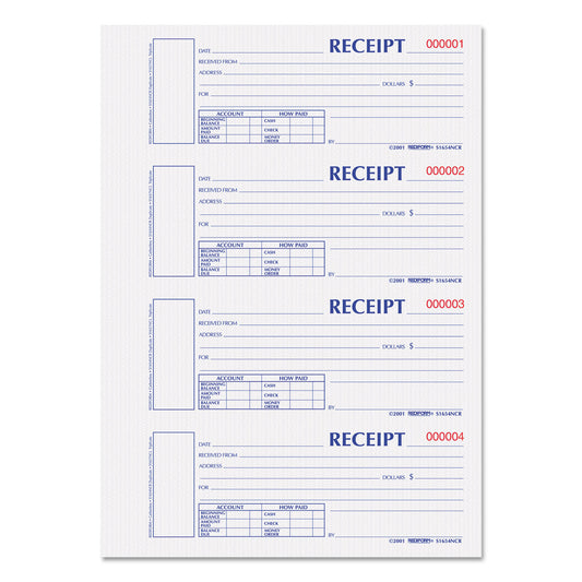 Rediform Durable Hardcover Numbered Money Receipt Book, Two-Part Carbonless, 6.88 x 2.75, 4 Forms/Sheet, 300 Forms Total (S1654NCR)